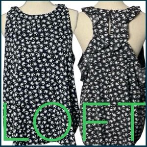 LOFT Black/White/Grey Sleeveless Racerback Ruffle Tulip Print Top (PL)